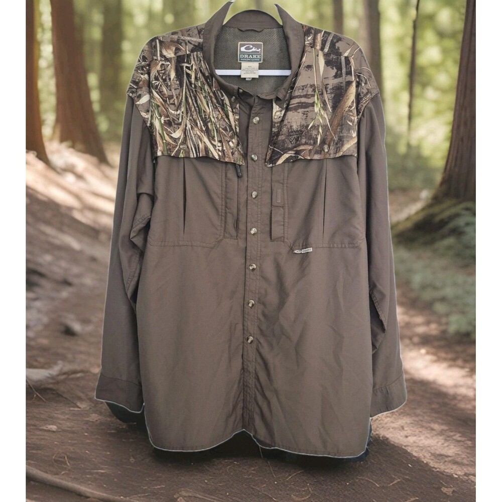 Drake Waterfowl Men XL EST Brown Camo Flyweight Wingshooter Vented Hunting Shirt